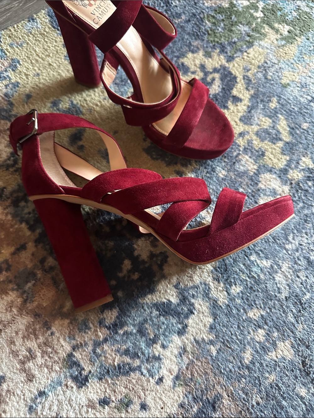 Vince Camuto Women's Wine Red Suede Strappy Platform Heels - Picture 3 of 7